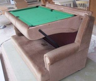 “Antique” Sofa has a hide-a-bed style pool table built in
