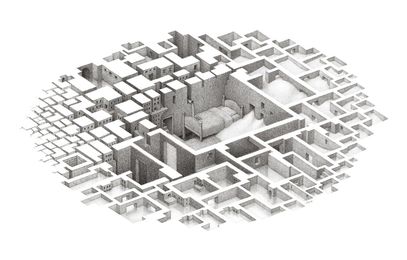 Labyrinthine Drawings of Interconnected Rooms by Mathew Borrett