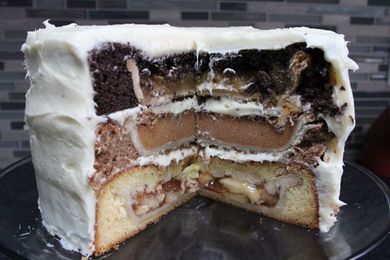 Behold the Pumplecan: 3 pies baked into 3 cakes