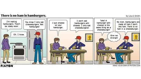 Illustrations from an autism mom: "There is no ham in hamburgers"