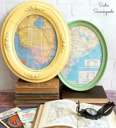 Antique Oval Picture Frames and Vintage Road Maps as DIY Wall Art & Decor