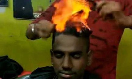 Indian barber uses FLAMES instead of scissors to give customer haircut