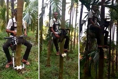 Farmer turns used motorbike into one-of-a-kind tree elevator