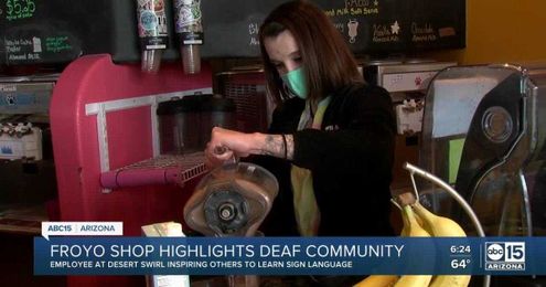 Deaf frozen yogurt shop employee inspiring others to learn sign language