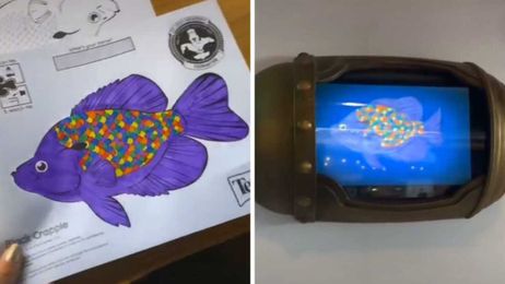 Aquarium makes kid's fish drawings magically swim