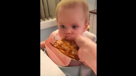 Baby tries pizza for first time, her reaction is hilariously relatable. Watch