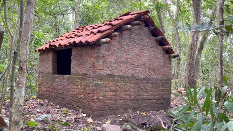 Barefoot Man Builds a Weatherproof Hut Made of Handmade Wood Ash Mortar Bricks